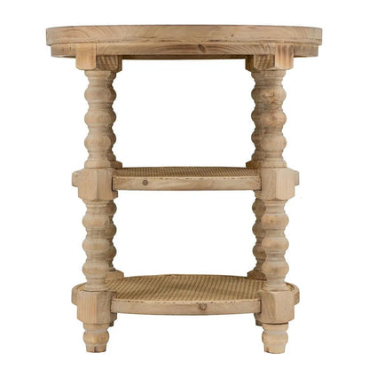 Round 3-tier end table in natural wood with carved spindle legs by Unique Piece Furniture on Tampa Home & Garden Store