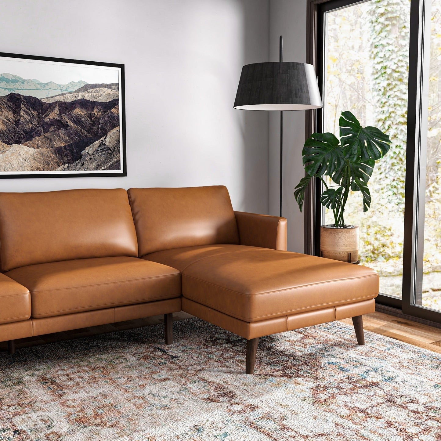 Lore L-shaped tan leather sectional sofa by HouseOfZazla in a modern living room on Tampa Home & Garden Store