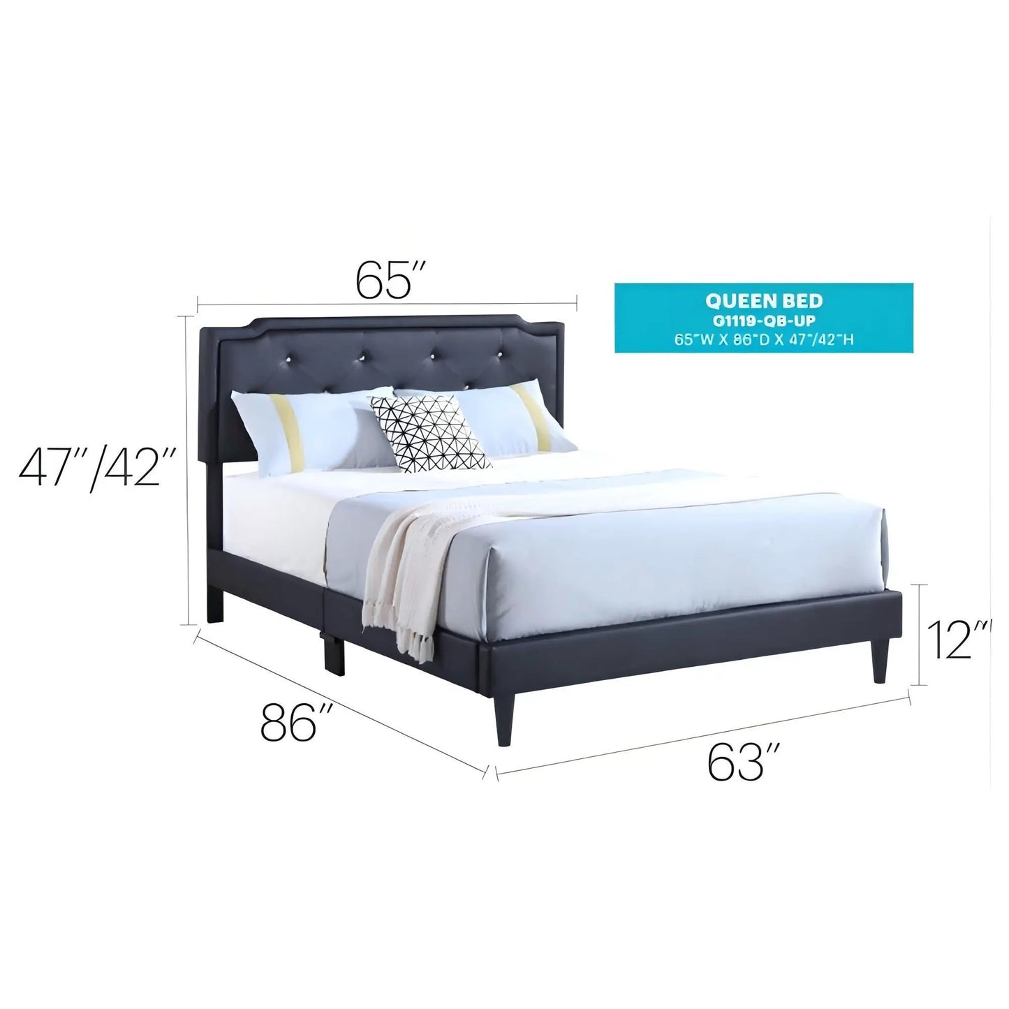 Queen button-tufted upholstered bed in dark charcoal by Unique Piece Furniture on Tampa Home & Garden Store