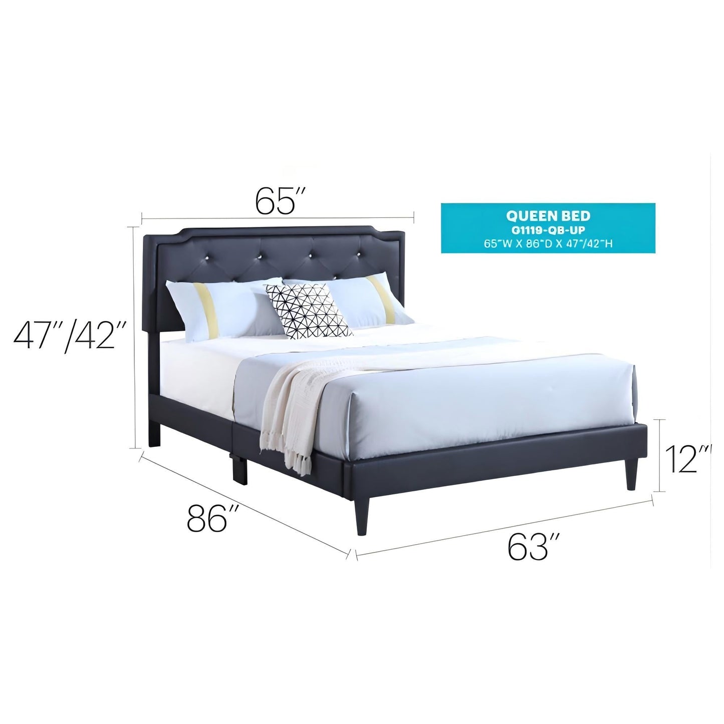 Button tufted upholstered bed in black with padded headboard by HouseOfZazla, queen size on Tampa Home & Garden Store