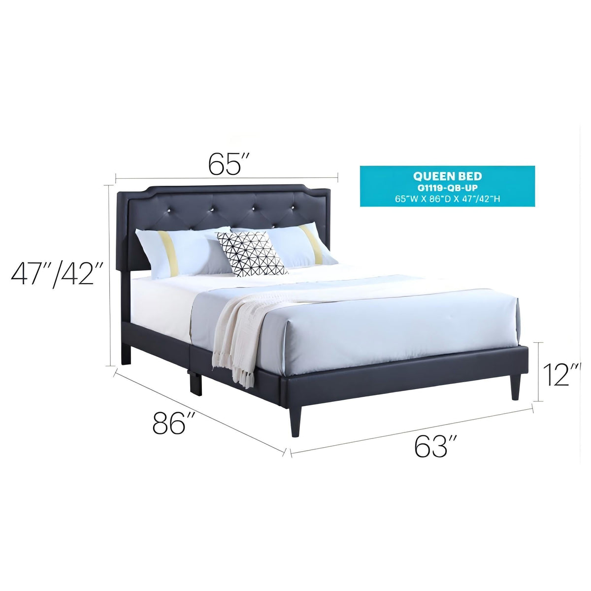 Button tufted upholstered bed in black with padded headboard by HouseOfZazla, queen size on Tampa Home & Garden Store