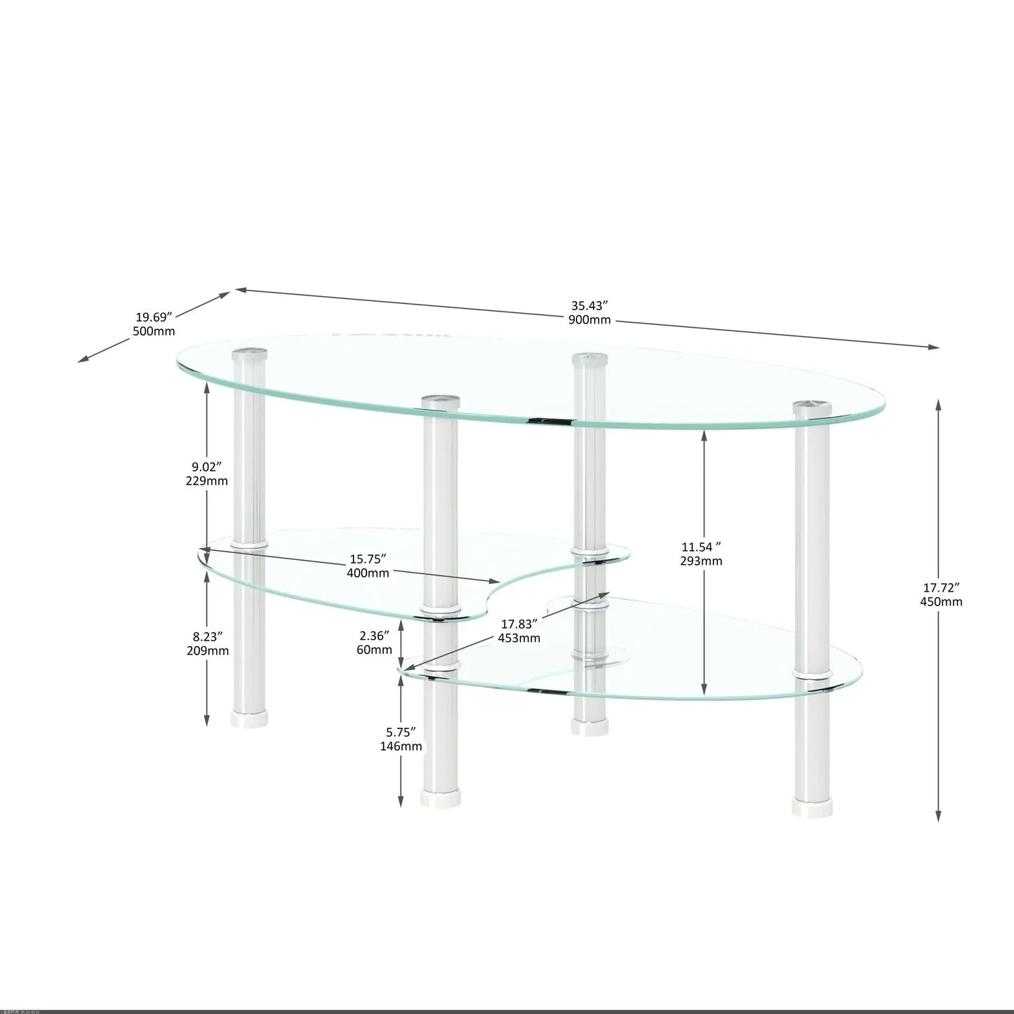 Transparent oval glass coffee table with oak wood legs, 3-layer glass shelves on Tampa Home & Garden Store