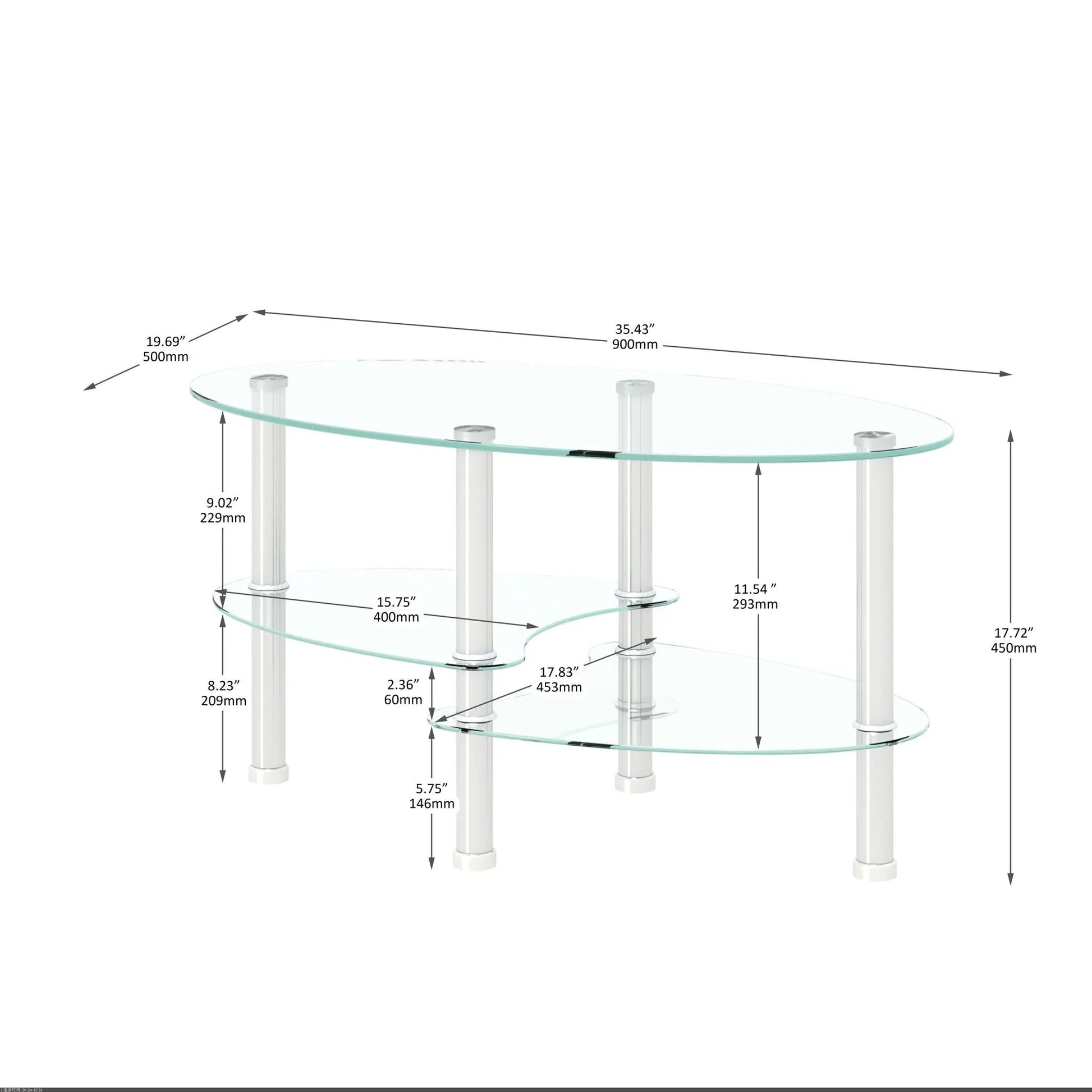 Transparent oval glass coffee table with oak wood legs, 3-layer glass shelves on Tampa Home & Garden Store