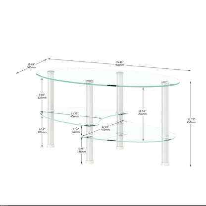 Transparent oval glass coffee table with oak wood legs, 3-layer glass shelves on Tampa Home & Garden Store