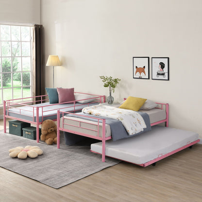 Bunk bed with trundle by HouseOfZazla, pink metal frame with twin beds and pull-out trundle in a bright bedroom on Tampa Home & Garden Store