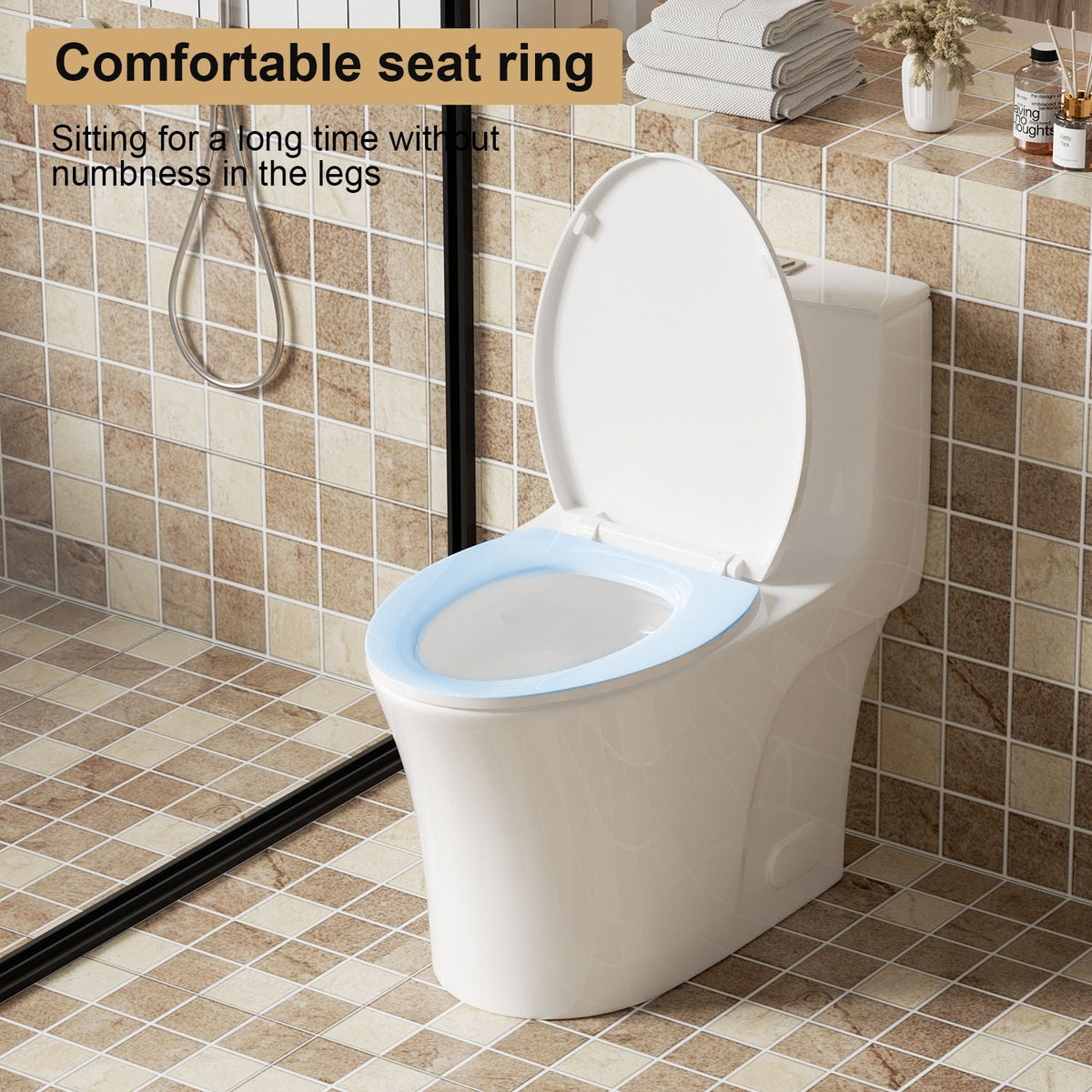 Elegant One Piece Toilet with Tornado Dual Flush, blue seat ring in tiled bath on Tampa Home & Garden Store