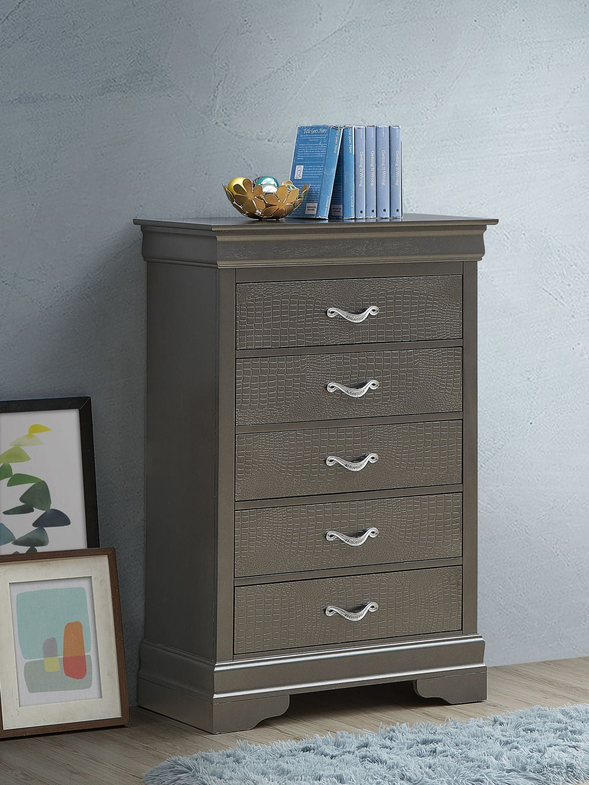 Black metal accent chest by HouseOfZazla with crocodile-textured drawers and chrome pulls on Tampa Home & Garden Store
