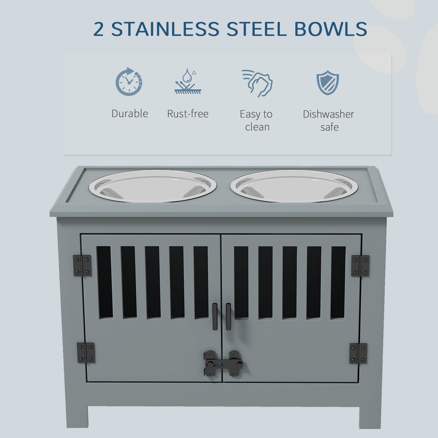 PawHut Large Elevated Dog Bowls with Storage Cabinet in gray, includes 2 stainless steel bowls on Tampa Home & Garden Store