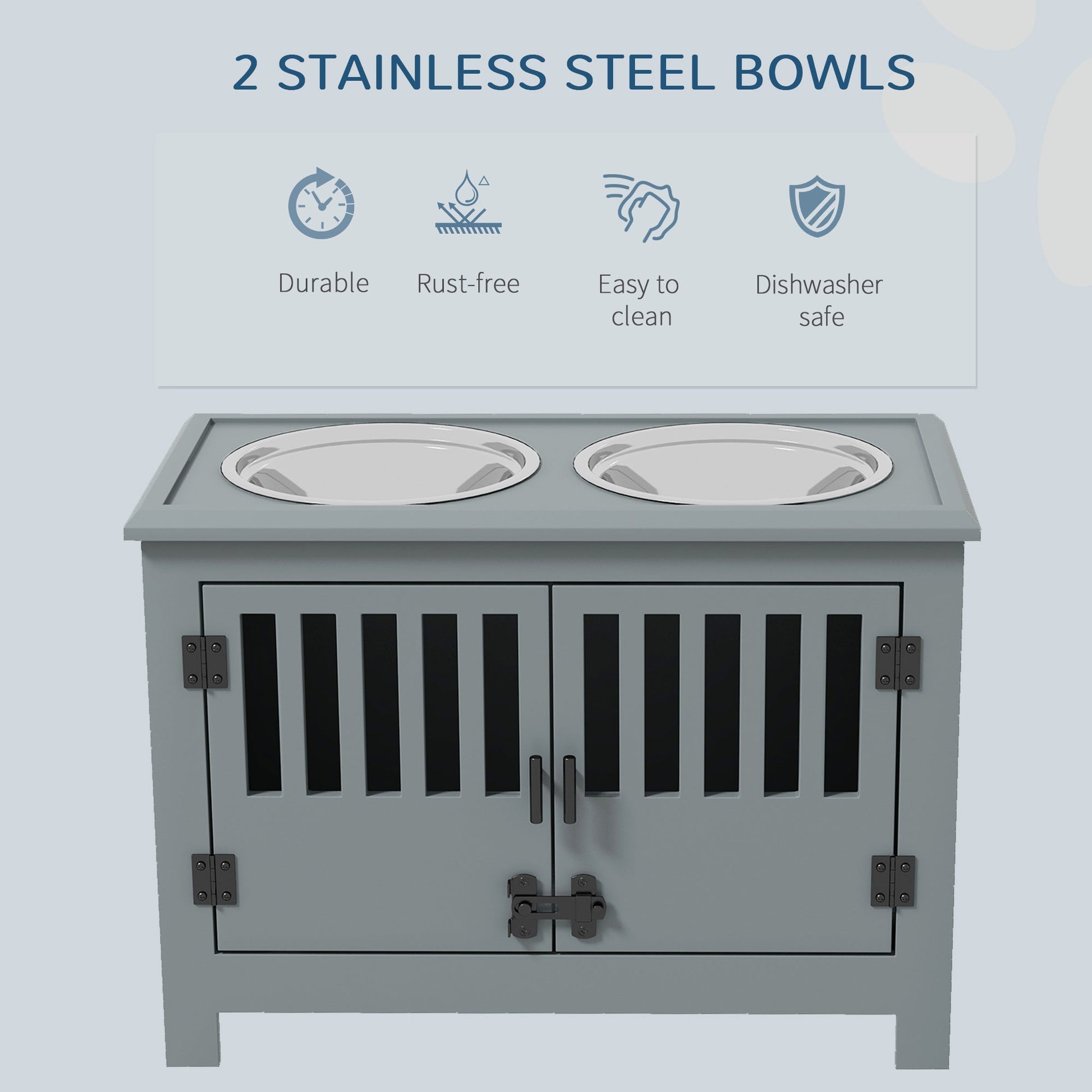 PawHut Large Elevated Dog Bowls with Storage Cabinet in gray, includes 2 stainless steel bowls on Tampa Home & Garden Store