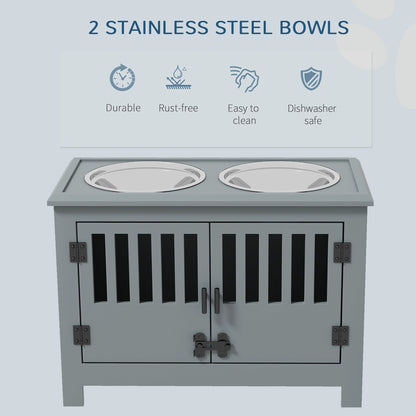 PawHut Large Elevated Dog Bowls with Storage Cabinet in gray, includes 2 stainless steel bowls on Tampa Home & Garden Store