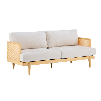 Emir 72in Square Arm 3-Seater Beige Boucle Sofa with Cane Rattan Sides HouseOfZazla on Tampa Home & Garden Store