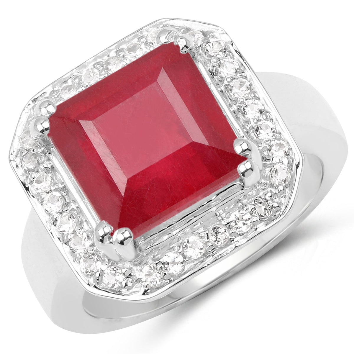 Ring with square red glass-filled ruby center and white topaz halo in .925 sterling silver on Tampa Home & Garden Store
