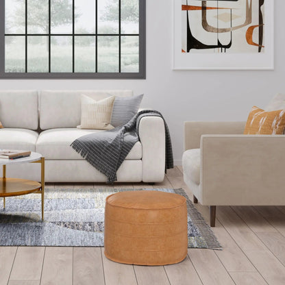 Brody round pouf in warm tan leather, accent piece by Unique Piece Furniture on Tampa Home & Garden Store
