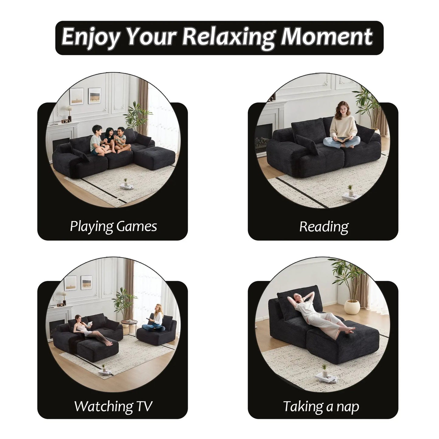 2-Piece Living Room Set Compressed Sofa large sectional in charcoal fabric, shown in four scenes on Tampa Home & Garden Store