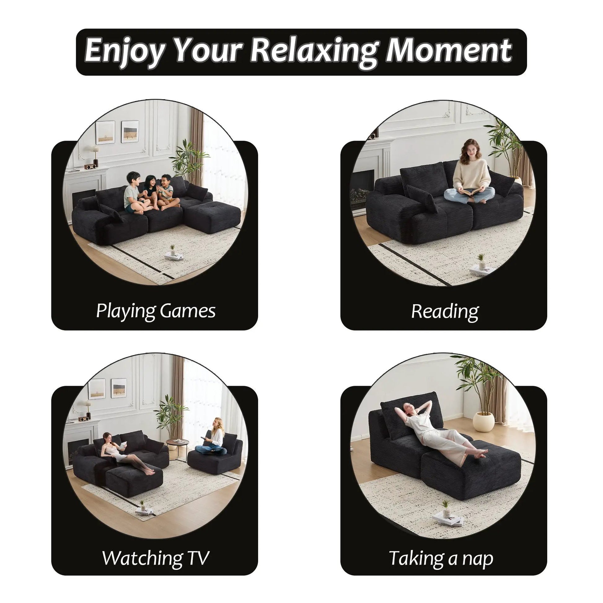 2-Piece Living Room Set Compressed Sofa large sectional in charcoal fabric, shown in four scenes on Tampa Home & Garden Store