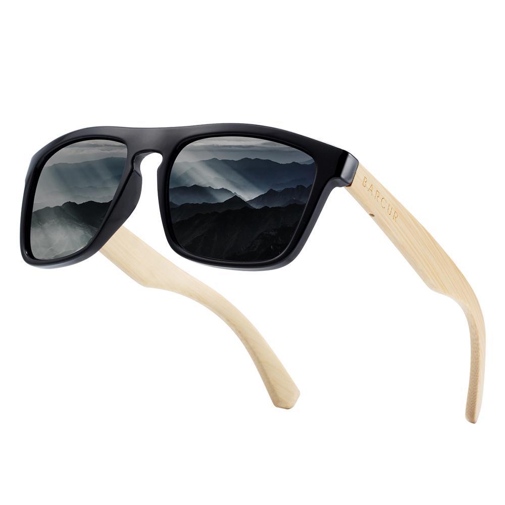 Polarized bamboo sunglasses with black front frame and light wood temples, unisex retro UV400 on Tampa Home & Garden Store