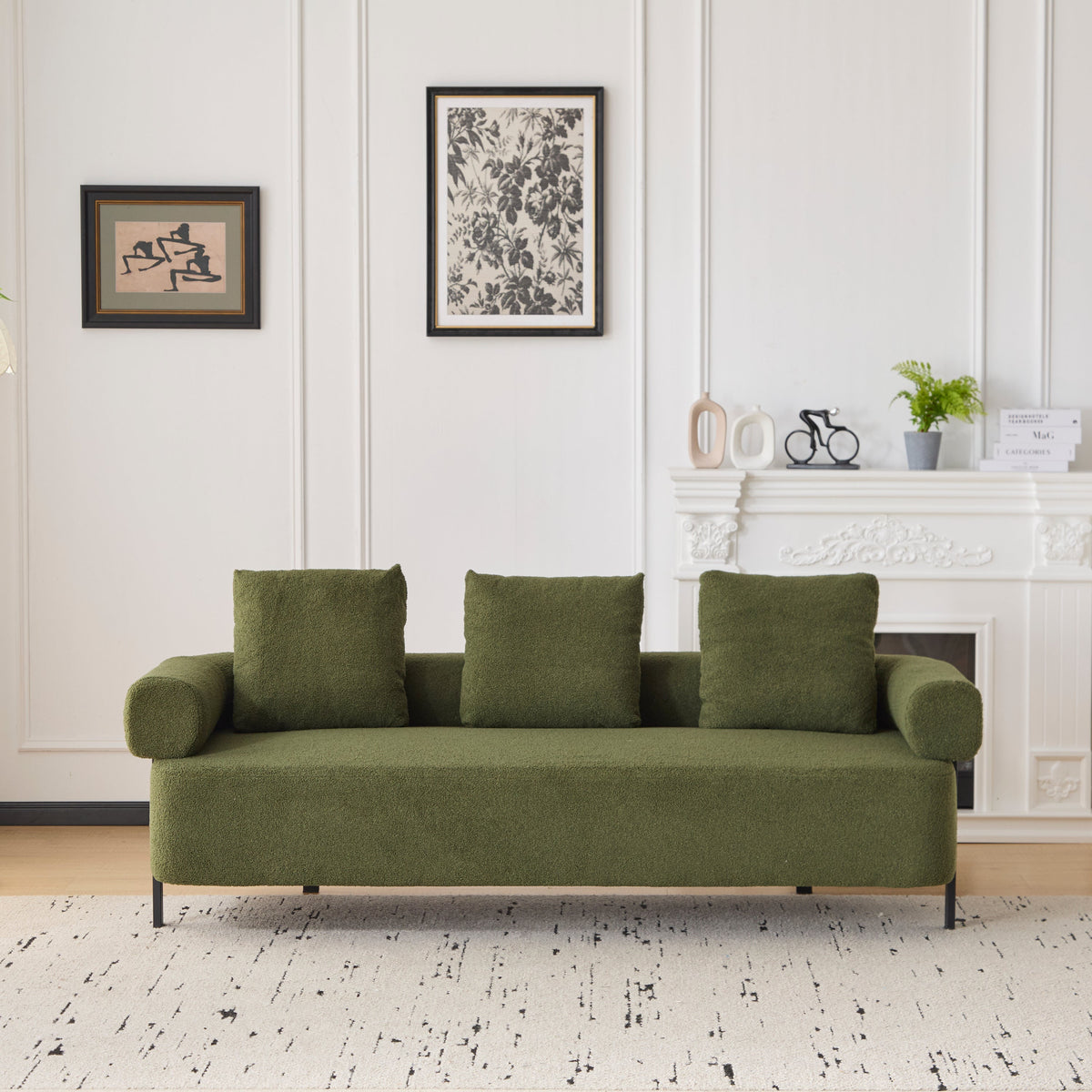 78-inch Modern 3-Seater Sofa by HouseOfZazla in olive green textured fabric with black metal legs on Tampa Home & Garden Store