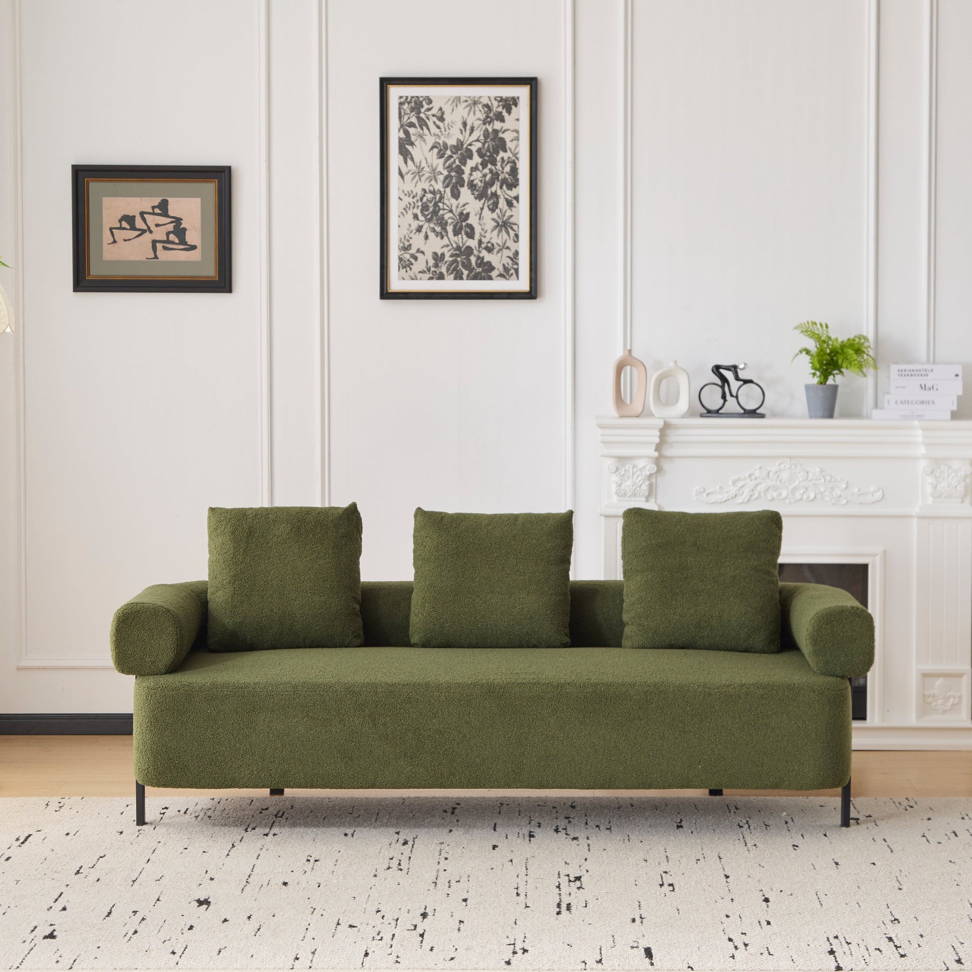 78-inch Modern 3-Seater Sofa by HouseOfZazla in olive green textured fabric with black metal legs on Tampa Home & Garden Store