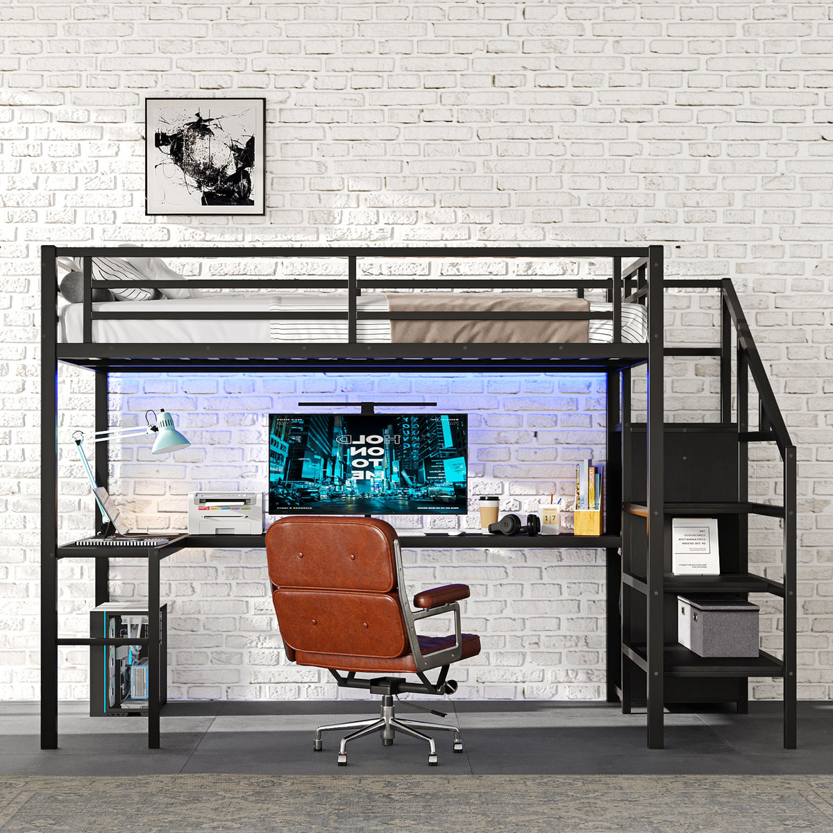 Full-size loft bed with L-shaped desk in black metal frame and USB on Tampa Home & Garden Store