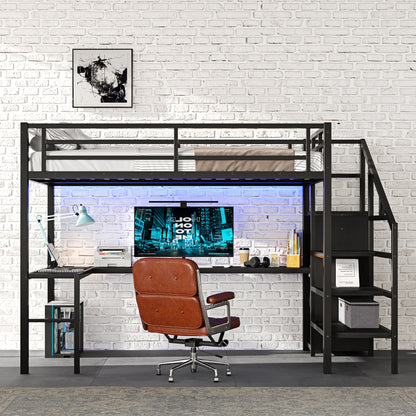 Full-size loft bed with L-shaped desk in black metal frame and USB on Tampa Home & Garden Store