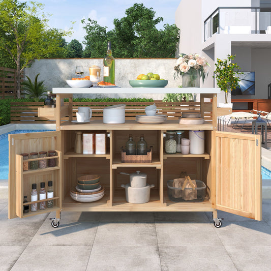 K&K Outdoor Kitchen Island rolling bar cart with storage in natural wood on Tampa Home & Garden Store
