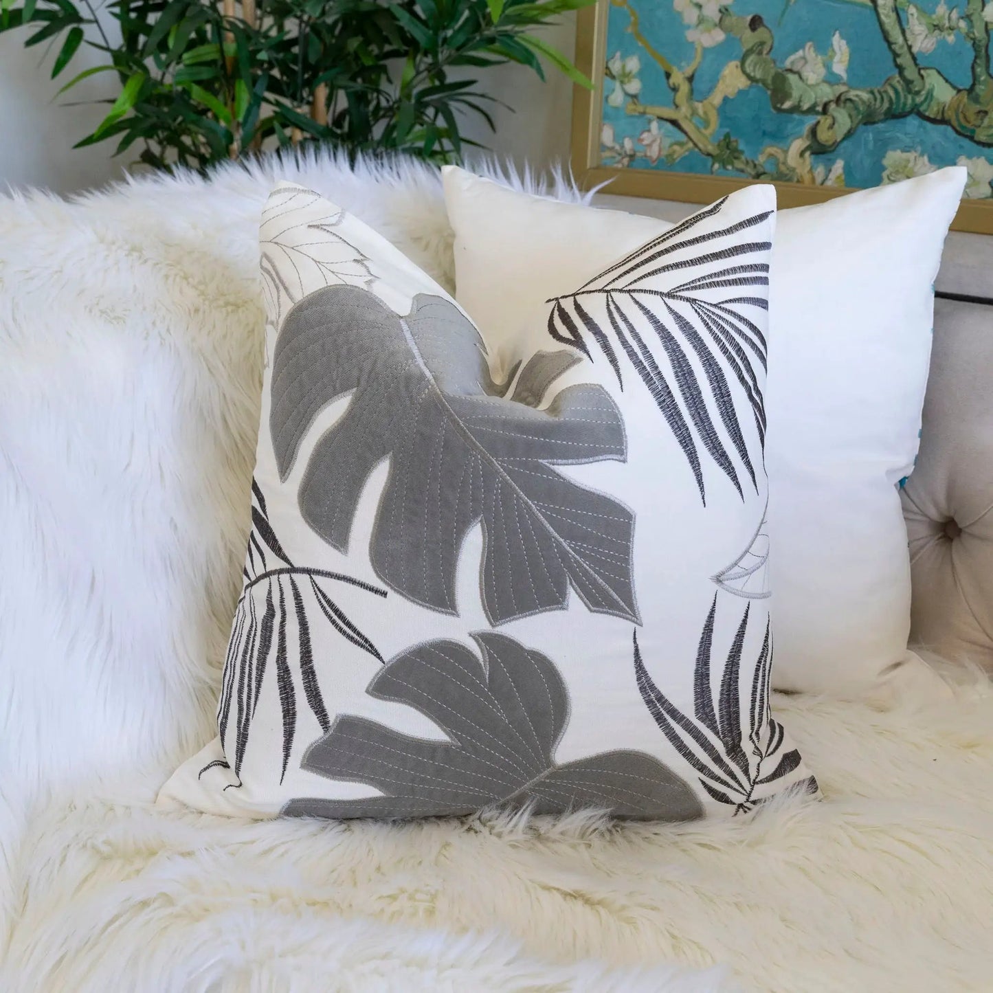 Autumn Vibes Leaf Accent Pillow white fabric with grey leaf print decorative pillow on Tampa Home & Garden Store