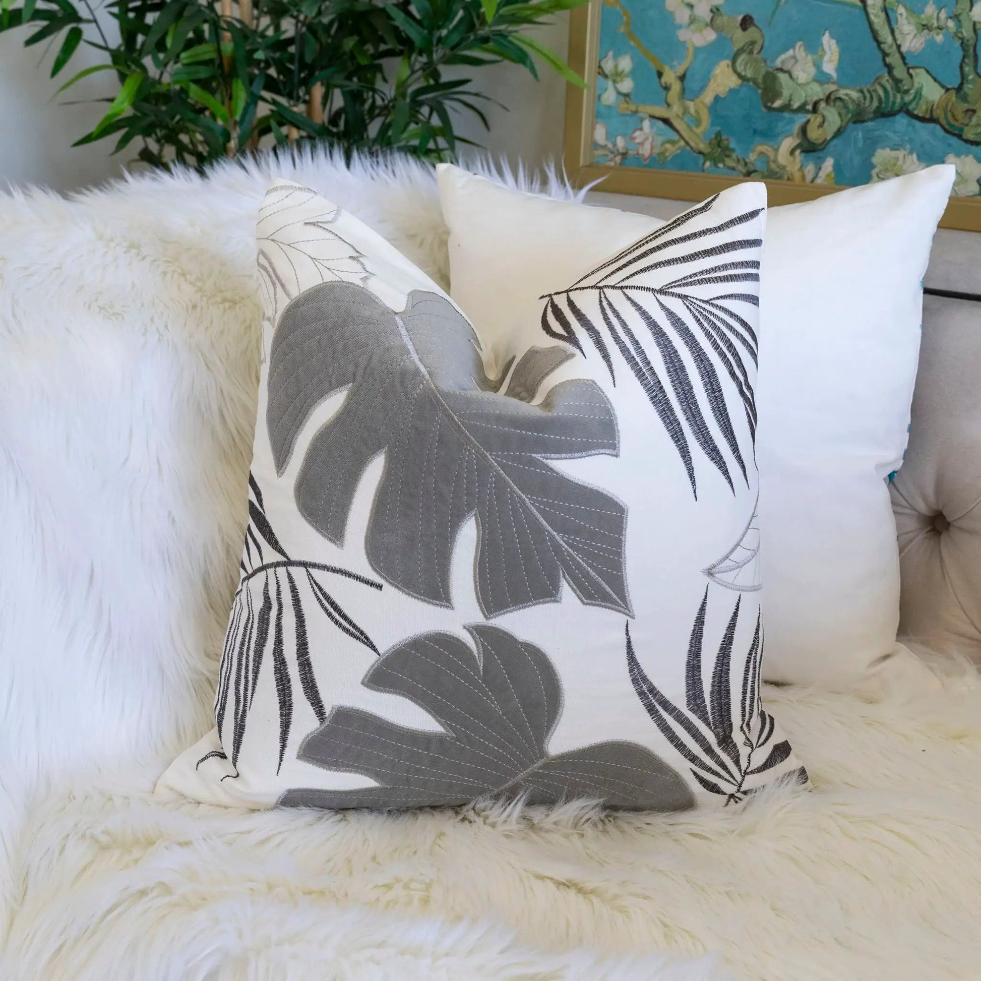 Autumn Vibes Leaf Accent Pillow white fabric with grey leaf print decorative pillow on Tampa Home & Garden Store