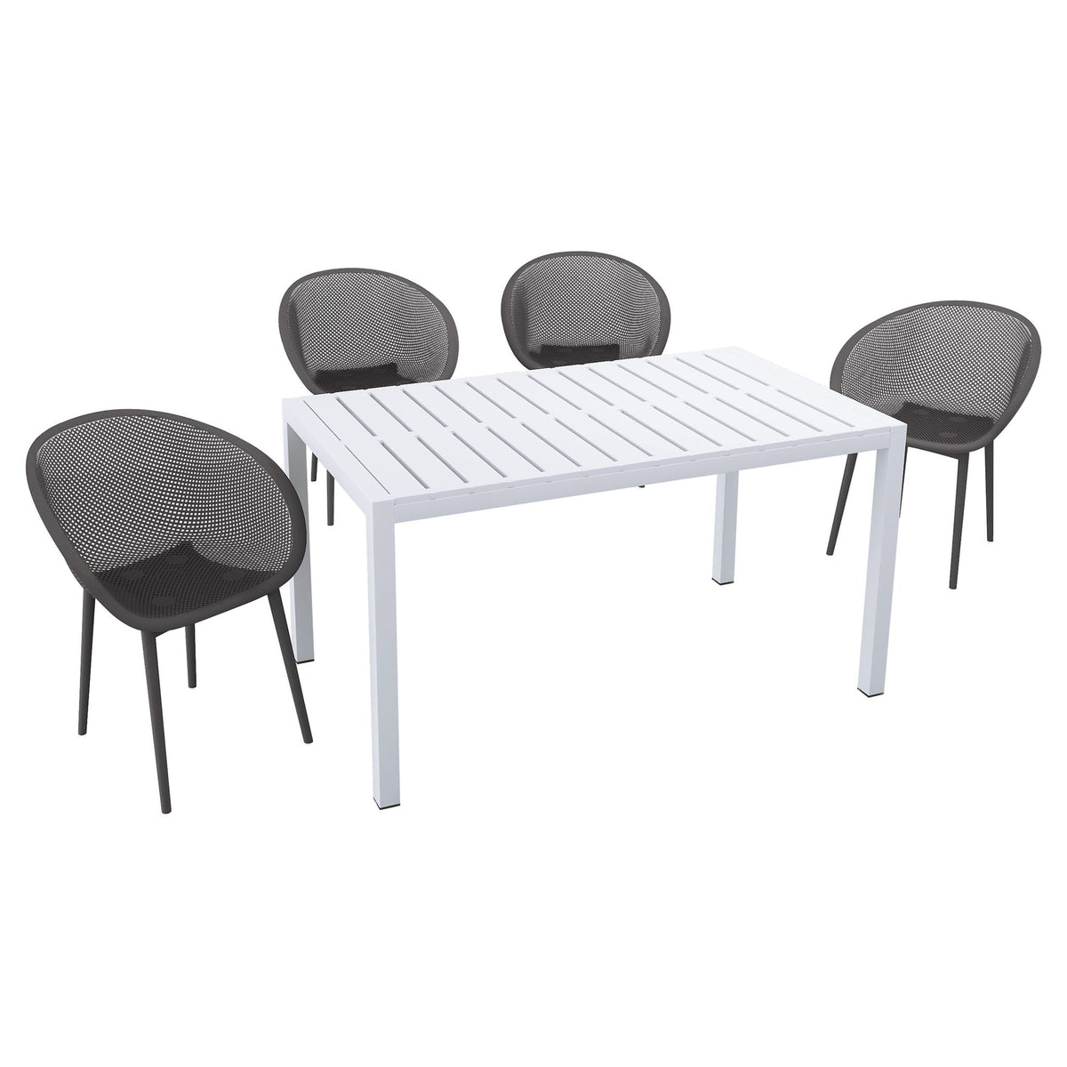 5-piece outdoor lounge chair set with long white slatted table and dark gray chairs on Tampa Home & Garden Store