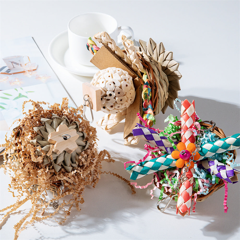 Parrot Bird Toy Supplies Gnawing Molar set of 3 natural straw and wood toys with ribbons on Tampa Home & Garden Store