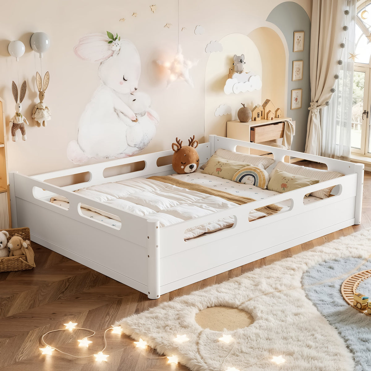 White queen size floor platform bed with guardrails in a pastel kids room with cloud mural on Tampa Home & Garden Store