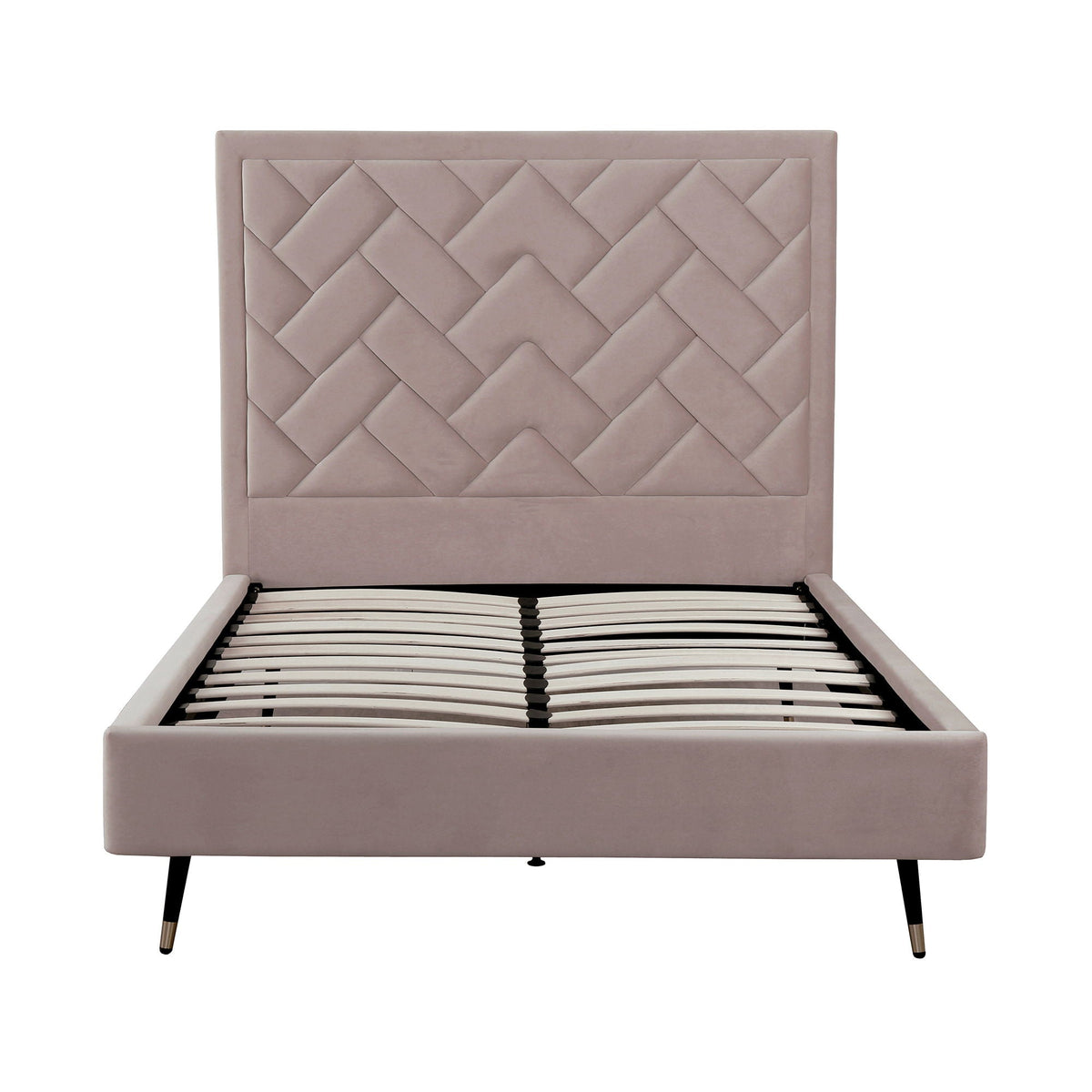 Crosby upholstered bed with tufted geometric headboard in dusty rose fabric and slats on Tampa Home & Garden Store
