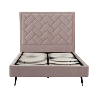 Crosby upholstered bed with tufted geometric headboard in dusty rose fabric and slats on Tampa Home & Garden Store