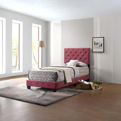 Luxurious upholstered bed with pink tufted headboard and beige bedding by HouseOfZazla on Tampa Home & Garden Store