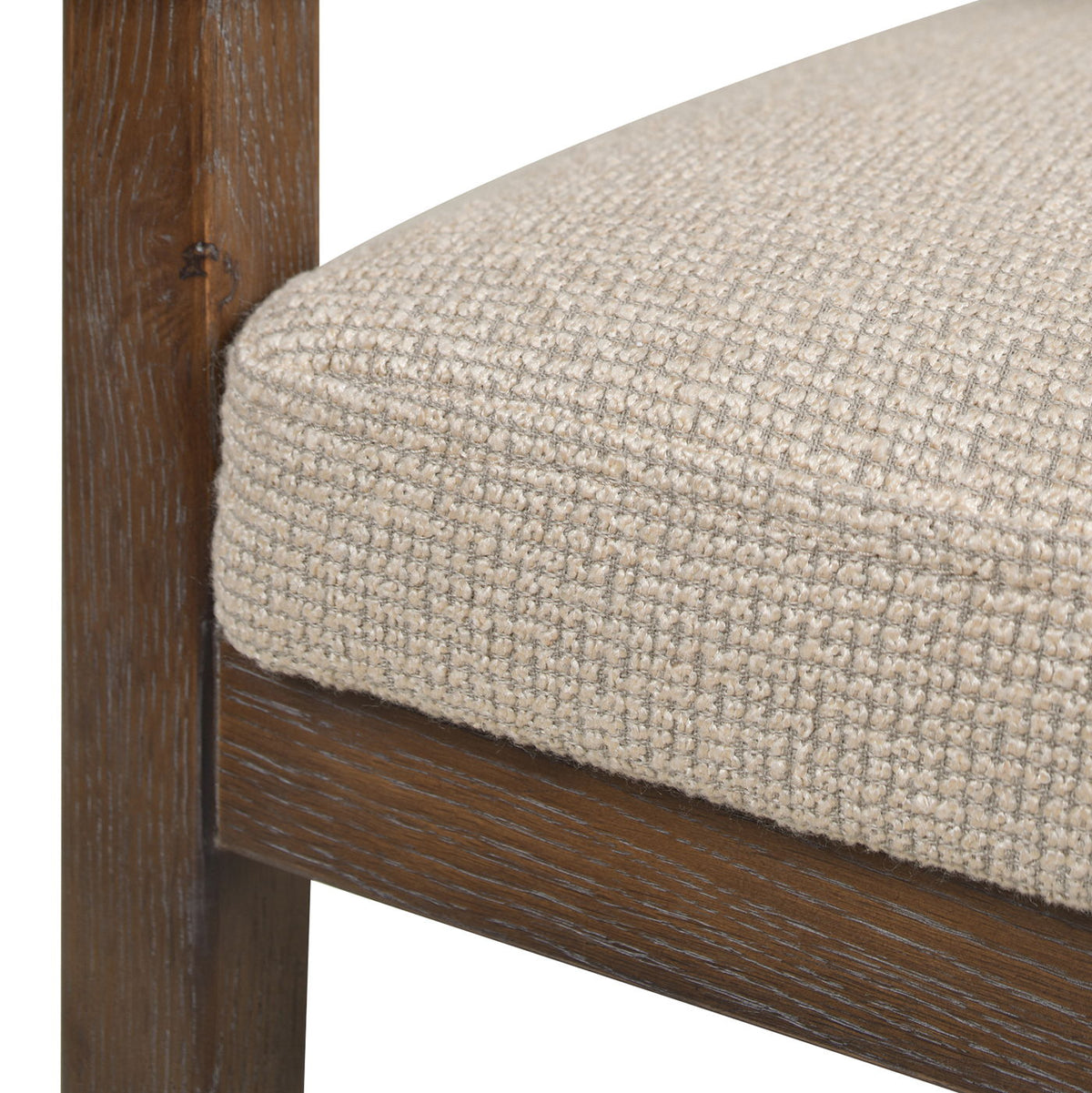 Mid-Century counter-height stool seat in beige textured fabric on dark wood frame on Tampa Home & Garden Store