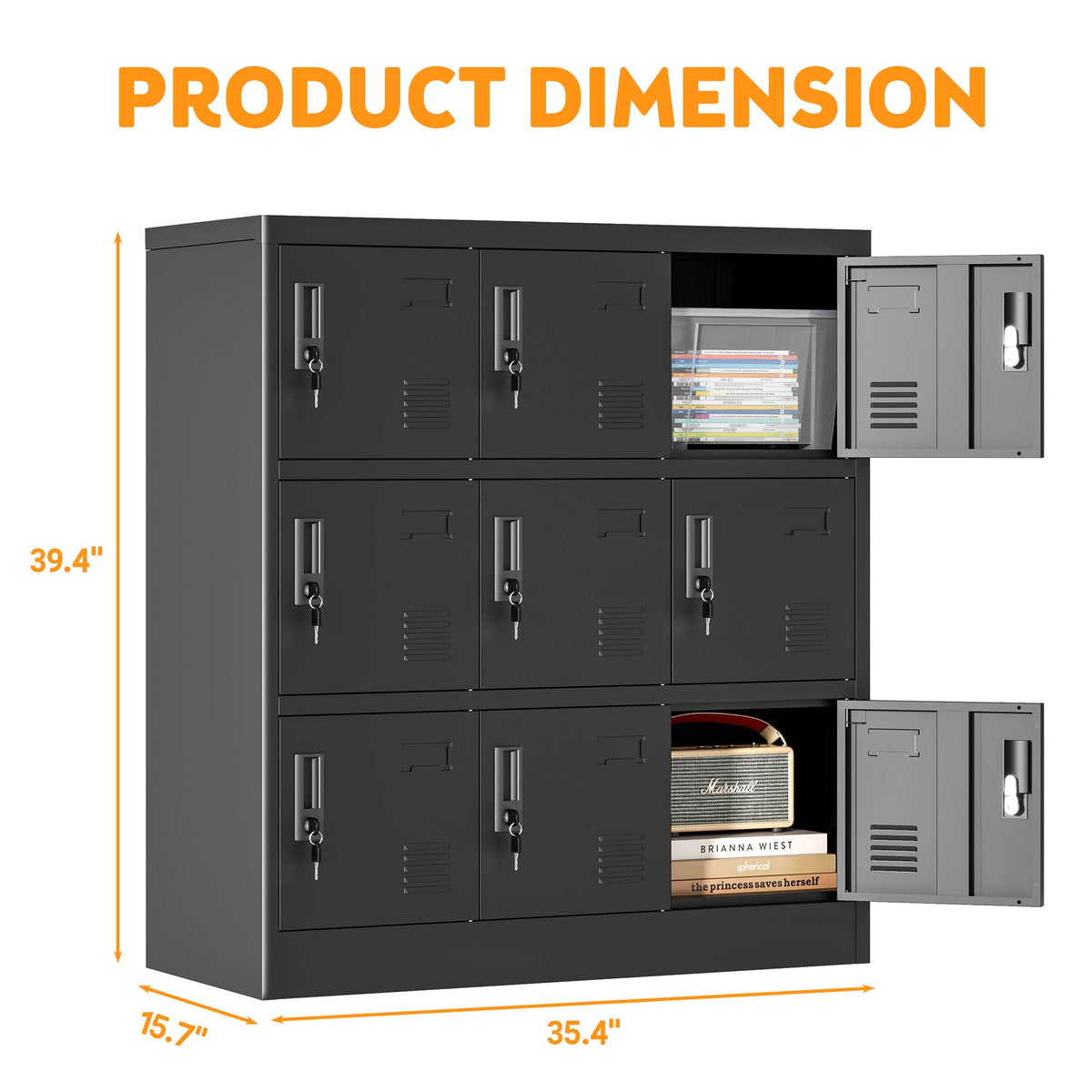 9-door employee storage locker with card slot in black by HouseOfZazla, locked compartments on Tampa Home & Garden Store