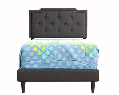 Button tufted upholstered bed headboard in charcoal gray fabric with diamond tufting on Tampa Home & Garden Store