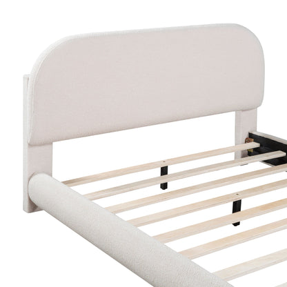 Upholstered platform bed with thick solid beige frame, curved headboard and wooden slat base on Tampa Home & Garden Store