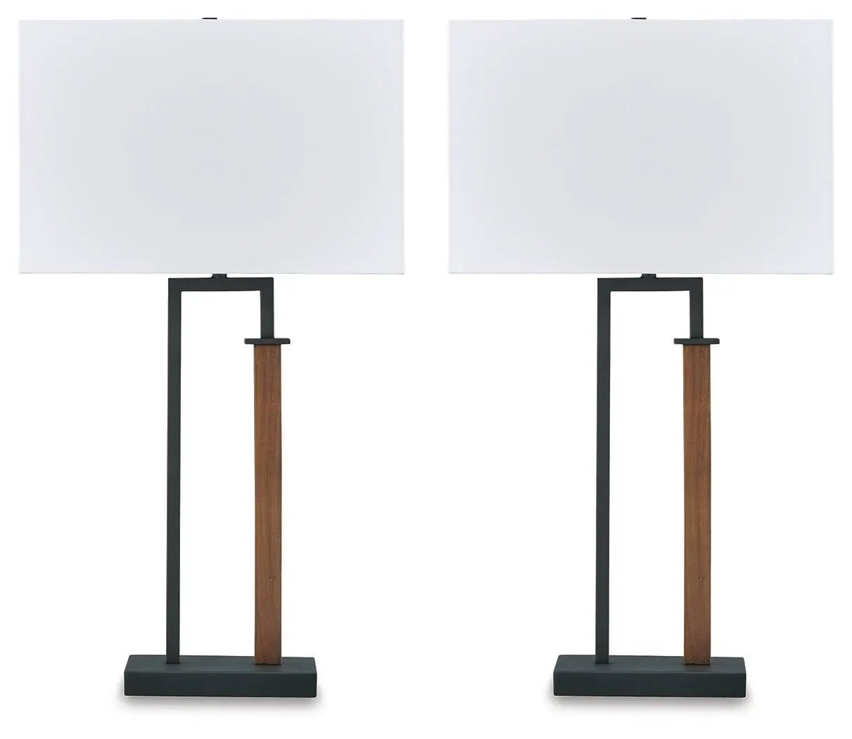 Voslen metal table lamp set of 2, black frames with brown wood accents and white shades on Tampa Home & Garden Store