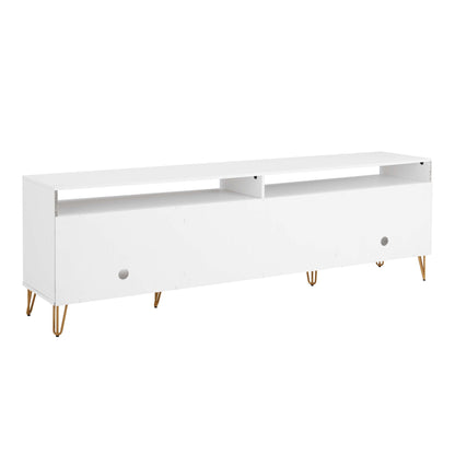 Fluted TV stand with storage and open cubbies, white finish, gold hairpin legs on Tampa Home & Garden Store