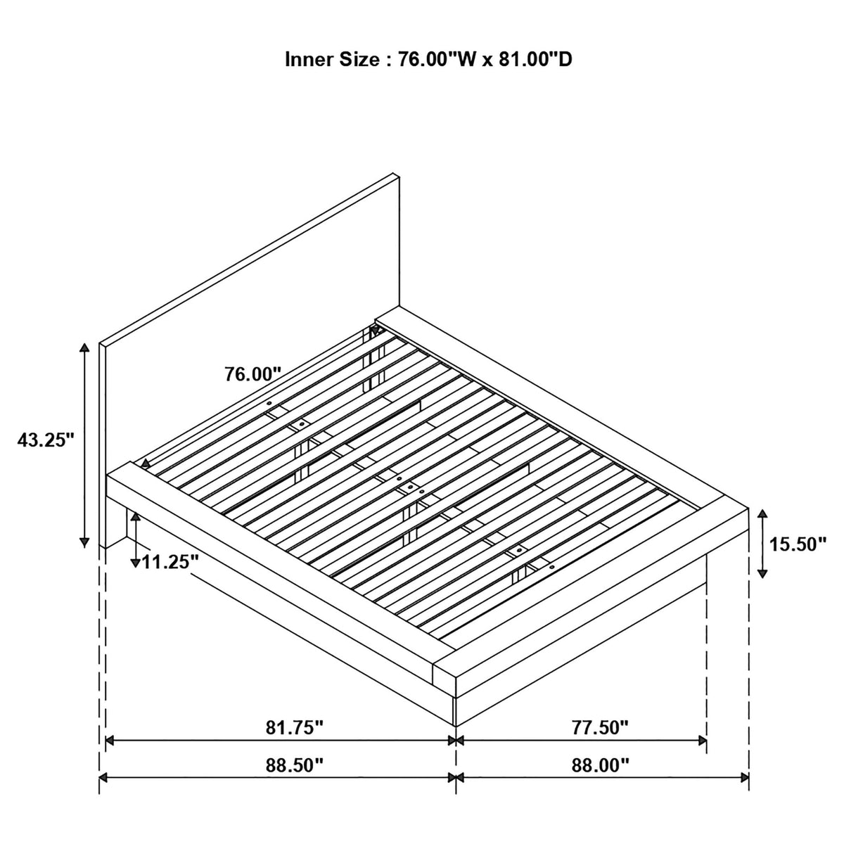 Tokyo LED Panel Bed with Structured Headboard by HouseOfZazla - schematic with 76W x 81D size on Tampa Home & Garden Store