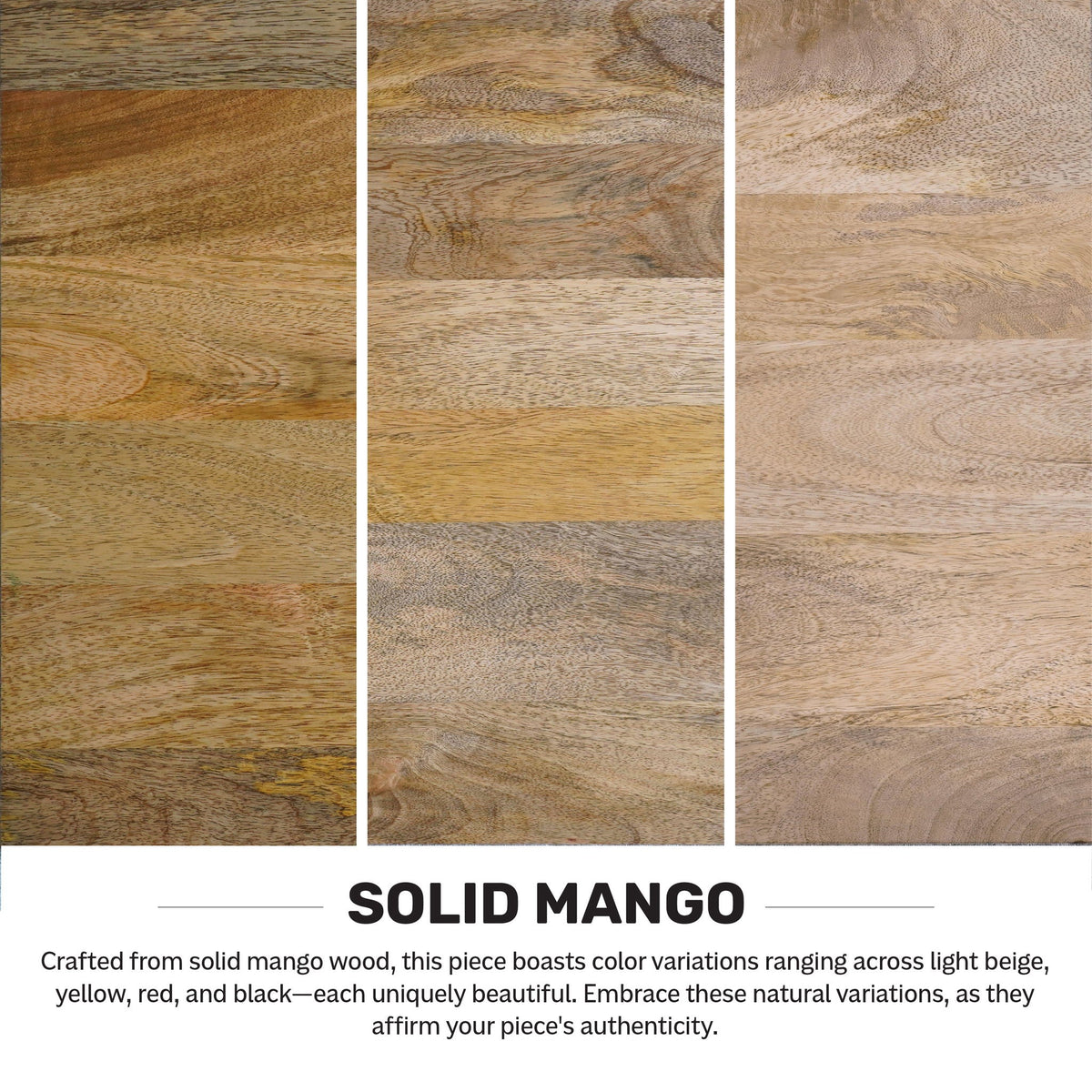 Square mango wood dining table surface swatches showing natural color variations; solid mango wood HouseOfZazla on Tampa Home & Garden Store