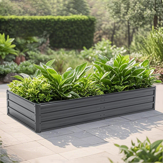 Metal raised garden bed planter 6x3x1 ft in dark gray with lush green shrubs on Tampa Home & Garden Store