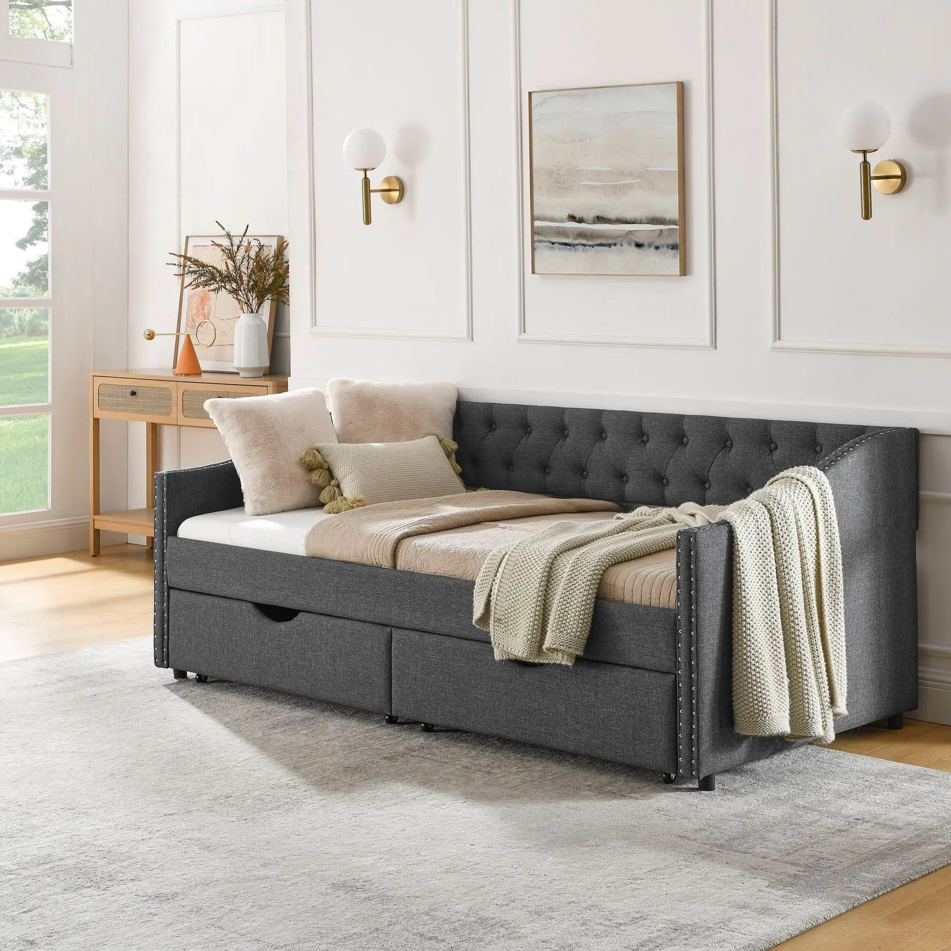 Upholstered tufted daybed with 2 drawers and waved arms by Unique Piece Furniture on Tampa Home & Garden Store