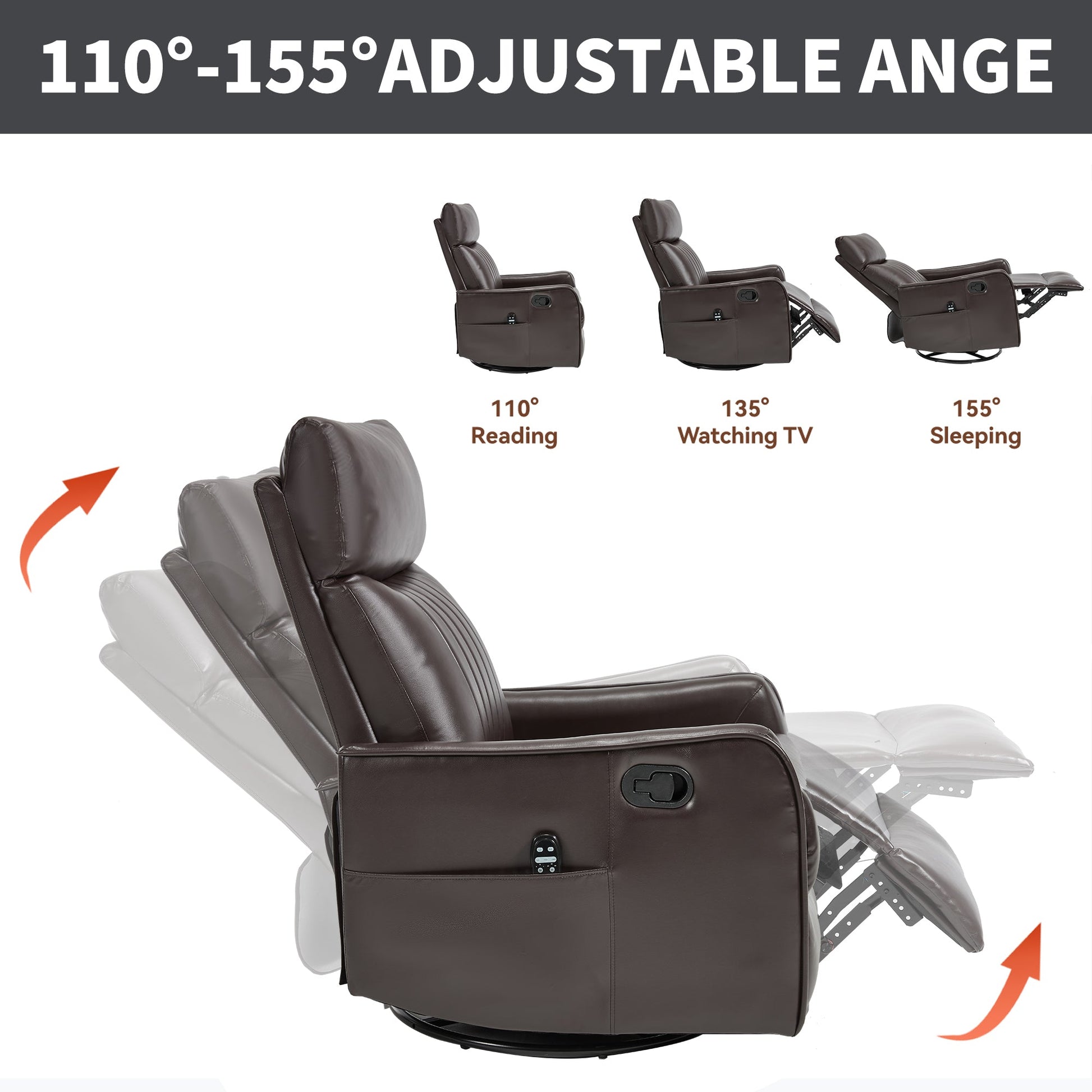 Brown faux leather heat massage manual recliner chair; set of 3 dark brown recliners on Tampa Home & Garden Store