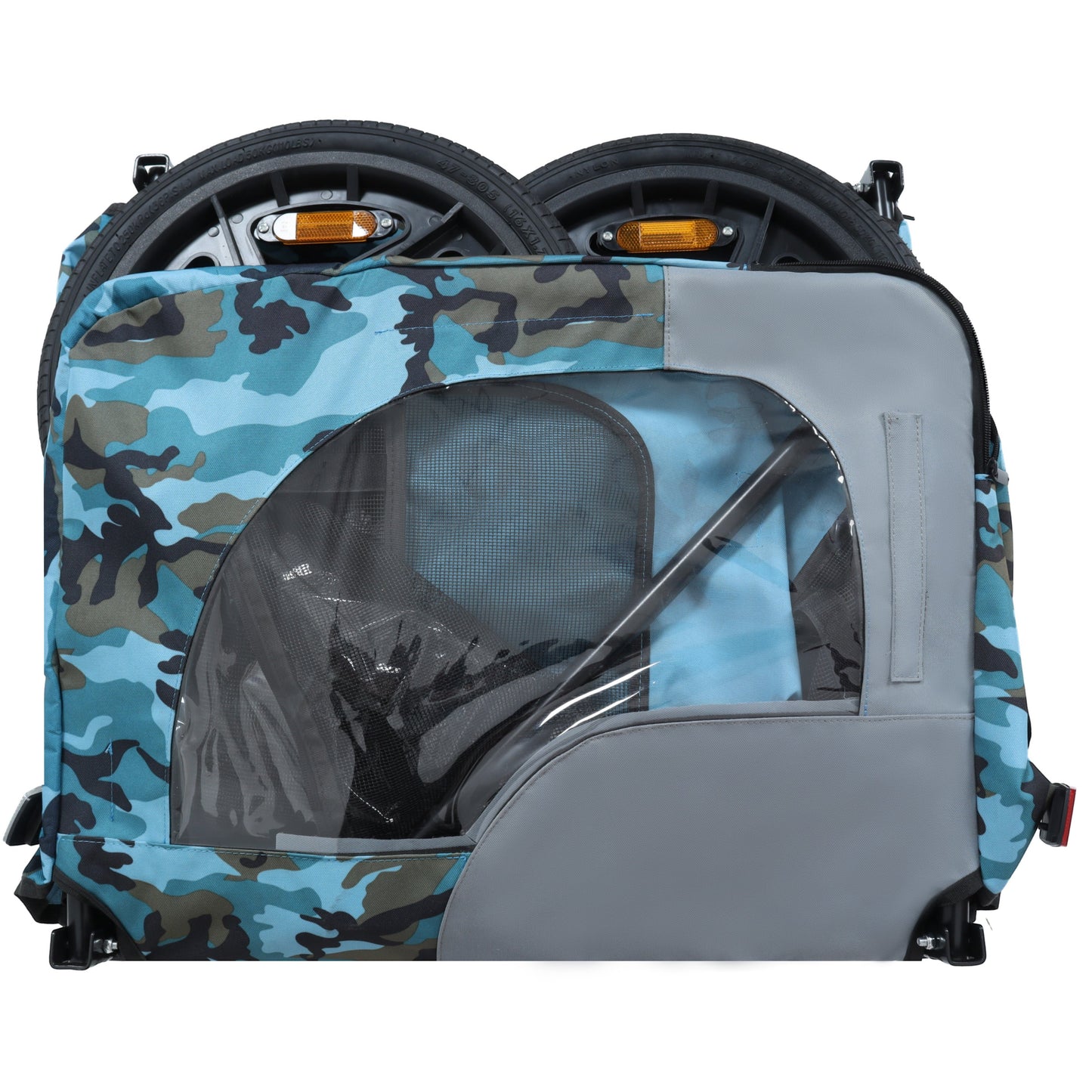 Heavy Duty Collapsible Pet Bike Trailer with 16-Inch wheels, camo fabric and orange reflectors on Tampa Home & Garden Store