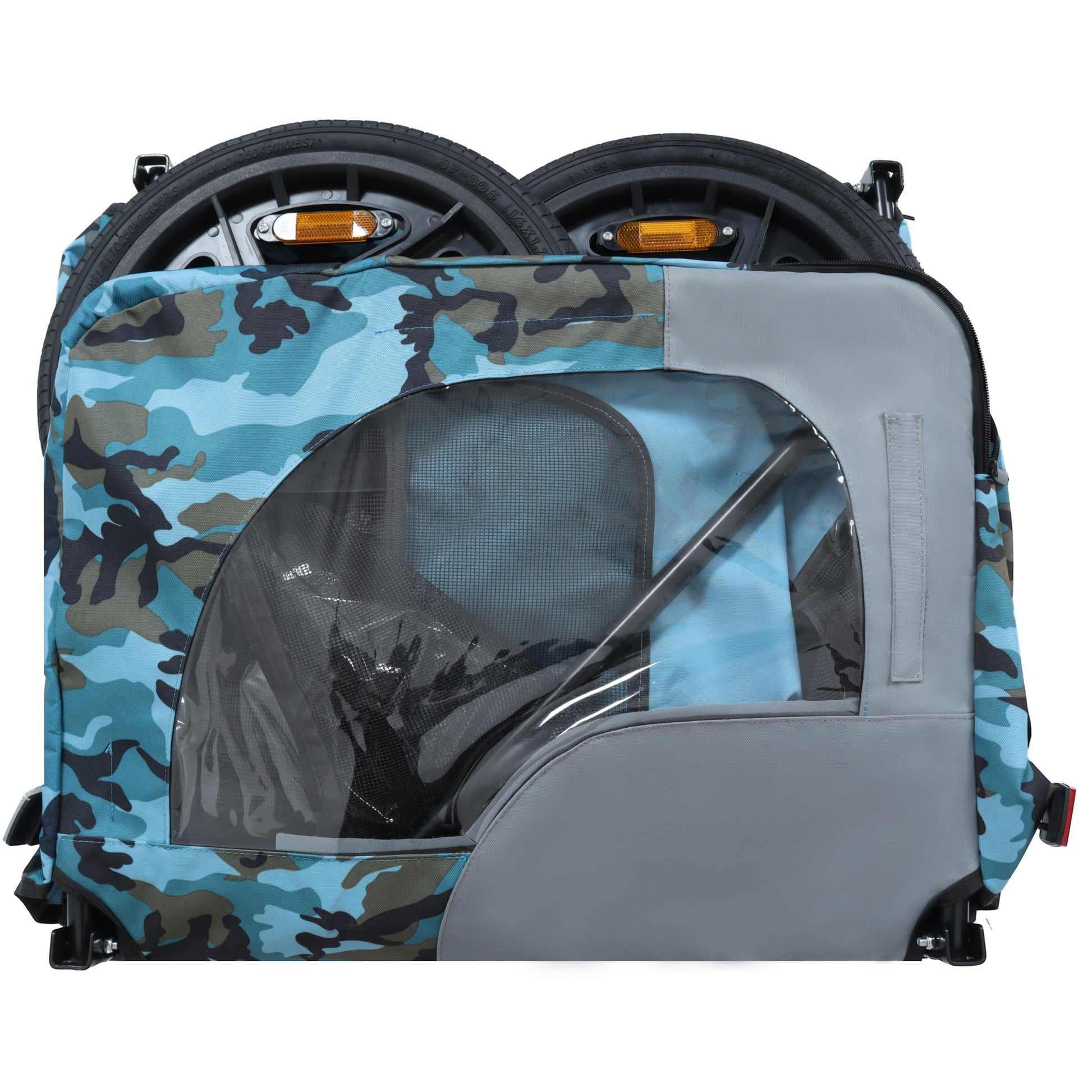 Heavy Duty Collapsible Pet Bike Trailer with 16-Inch wheels, camo fabric and orange reflectors on Tampa Home & Garden Store