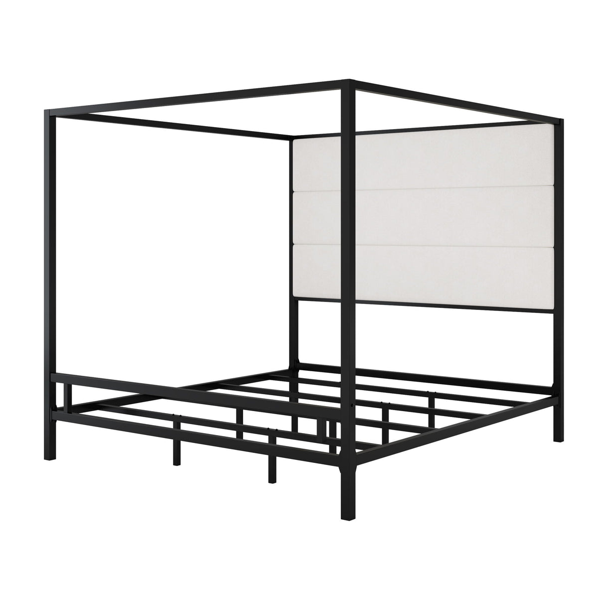 Canopy bed frame with tall upholstered headboard, four black metal posts HouseOfZazla on Tampa Home & Garden Store