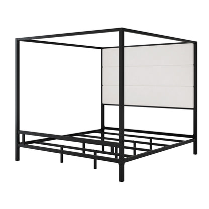 Canopy bed frame with tall upholstered headboard, four black metal posts HouseOfZazla on Tampa Home & Garden Store