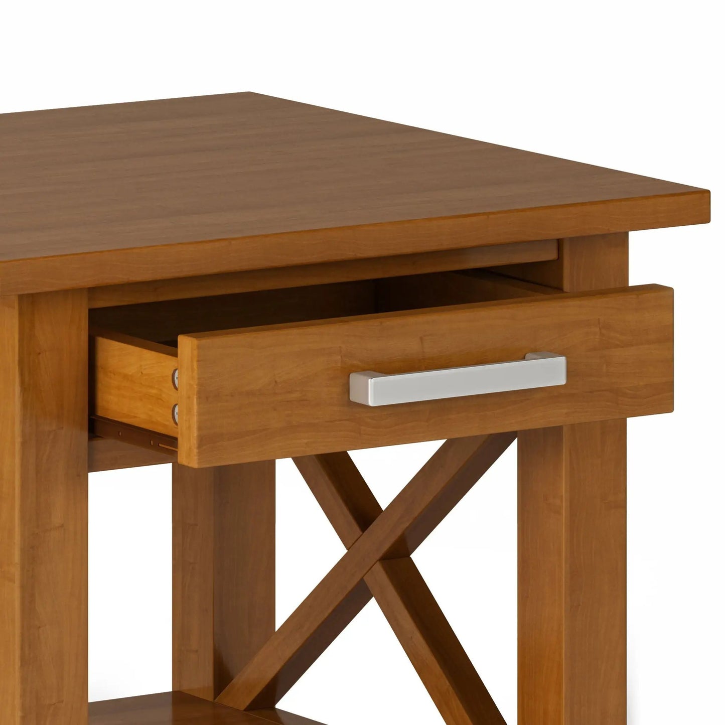 Kitchener handcrafted console table in warm oak with silver drawer pull on Tampa Home & Garden Store