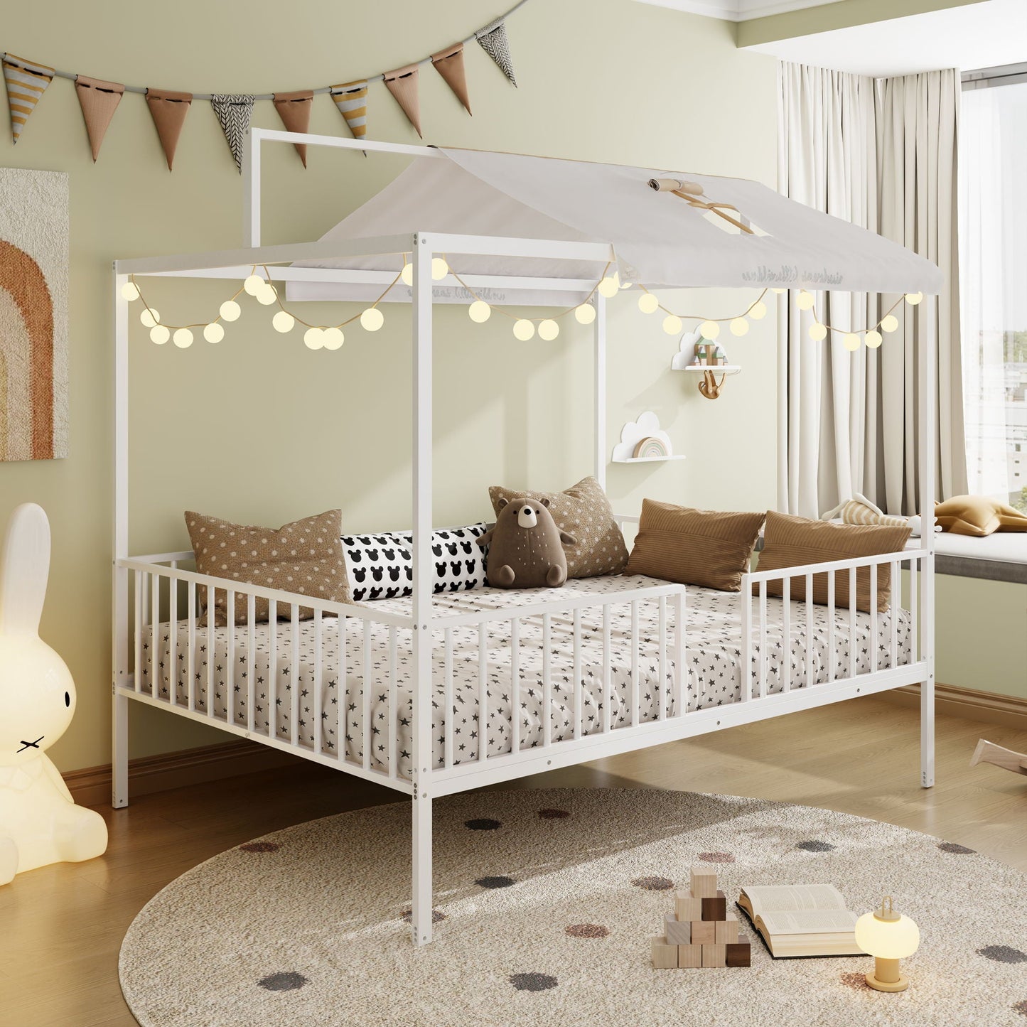 3-in-1 Montessori canopy bed with fenced sides, white frame and star bedding on Tampa Home & Garden Store